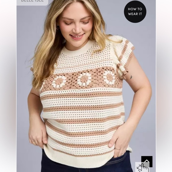 CROCHET FLORAL AND STRIPES CREAM TAN FLUTTER SLEEVE PULLOVER SWEATER SIZE 2X NWT - Picture 1 of 9
